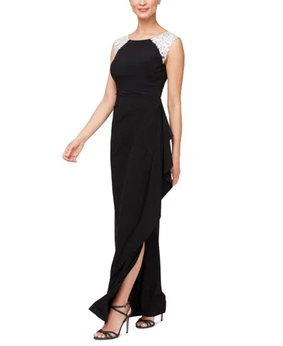 Alex Evenings Petite Embellished-shoulder Draped Gown In Black White