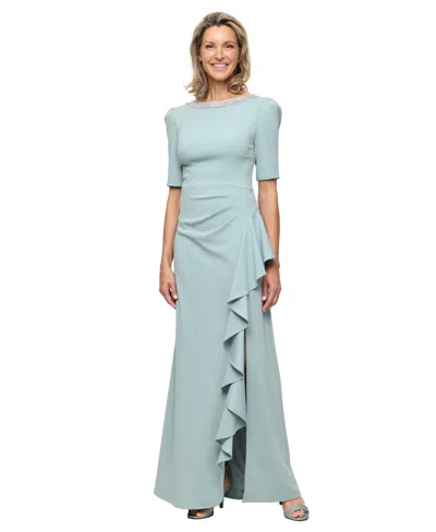 Alex Evenings Petite Embellished-neck Ruffle Gown In Gray
