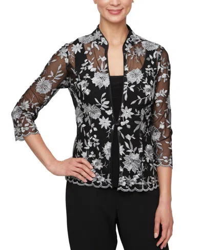 Alex Evenings Petite Embroidered 3/4-sleeve Jacket & Tank Set In Black Silver