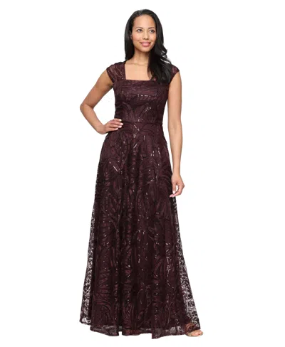 Alex Evenings Petite Embroidered A-line Square Neck Gown In Maroon