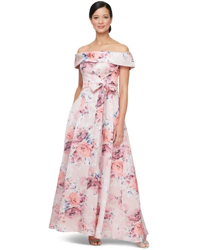 ALEX EVENINGS PETITE FLORAL-PRINT OFF-THE-SHOULDER GOWN
