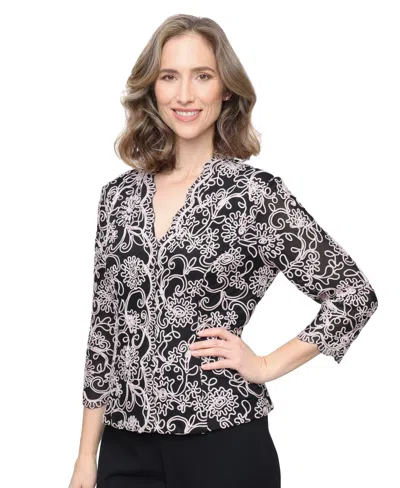 Alex Evenings Petite Floral-embroidered 3/4-sleeve Lace Top In Black