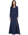 Alex Evenings Petite Flower-trim Sleeveless Gown & Jacket Set In Navy