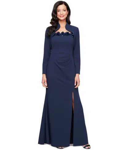 Alex Evenings Petite Flower-trim Sleeveless Gown & Jacket Set In Navy