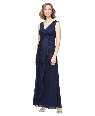 Alex Evenings Petite Glitter Mesh V-neck Ball Gown In Blue