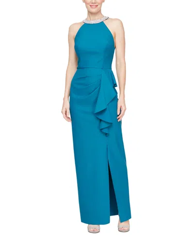 Alex Evenings Petite Halter-neck Ruffle Long Dress In Teal