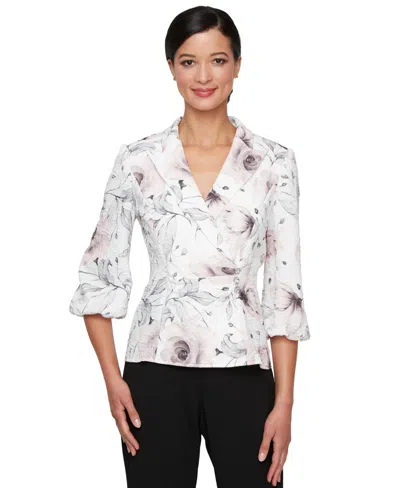Alex Evenings Petite Jacquard Printed Faux-wrap Top In Ivory,pink