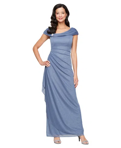 Alex Evenings Petite L-neck Glitter-mesh Long Dress In Blue