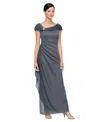 Alex Evenings Petite L-neck Glitter-mesh Long Dress In Gray