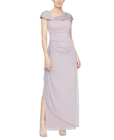 Alex Evenings Petite L-neck Glitter-mesh Long Dress In Mauve