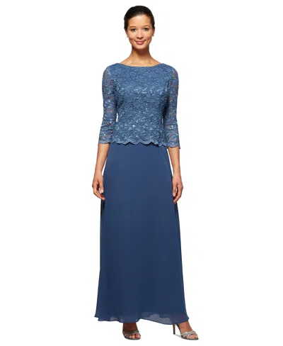 Alex Evenings Petite Lace-bodice Gown In Blue