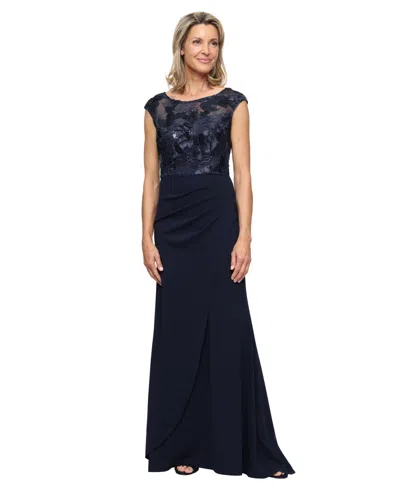 Alex Evenings Petite Long Stretch Boat Neck Gown In Blue