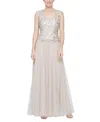 Alex Evenings Petite Long V-neck Embroidered A-line Dress In Taupe
