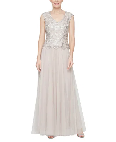Alex Evenings Petite Long V-neck Embroidered A-line Dress In Taupe