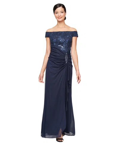 Alex Evenings Petite Off-the-shoulder Short-sleeve Ball Gown In Blue