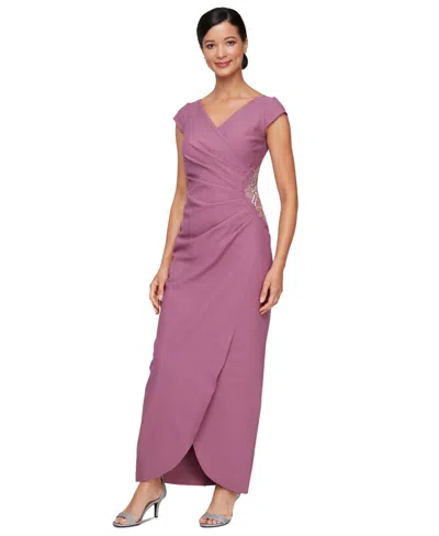 Alex Evenings Petite Pleated Side-embellished Gown In Dark Mauve