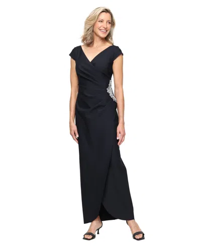 Alex Evenings Petite Pleated Side-embellished Gown In Black