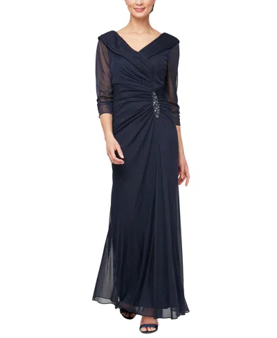 Alex Evenings Petite Portrait Collar 3/4-sleeve Gown In Navy