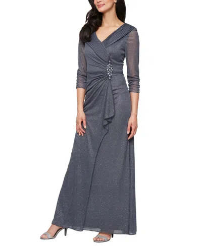 Alex Evenings Petite Portrait Collar Embellished Mesh Dress In Blue