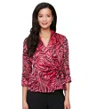 Alex Evenings Petite Printed Surplice-neck 3/4-sleeve Top In Black,fuchsia