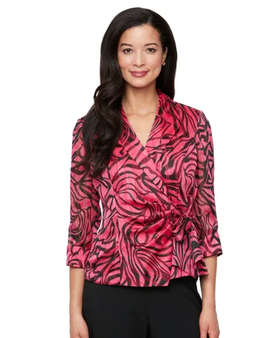 ALEX EVENINGS PETITE PRINTED SURPLICE-NECK 3/4-SLEEVE TOP
