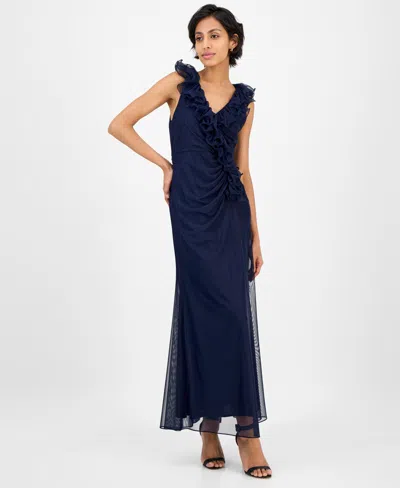 Alex Evenings Petite Ruffled V-neck Sleeveless Mesh Gown In Blue
