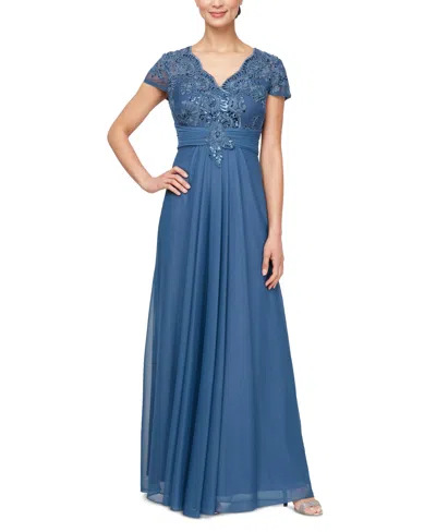 Alex Evenings Petite Sequin Embroidered-lace Gown In Vintage Blue