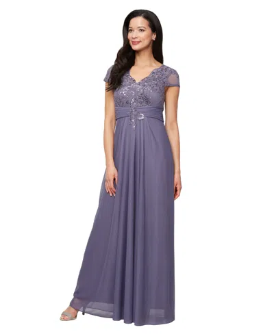 Alex Evenings Petite Sequin Embroidered-lace Gown In Purple