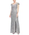 Alex Evenings Sequin Corded Lace Off The Shoulder Gown In Pewter