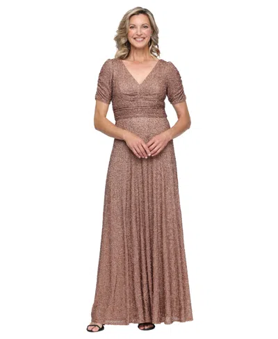 Alex Evenings Petite Sequin V-neck Short-sleeve Ball Gown In Caramel