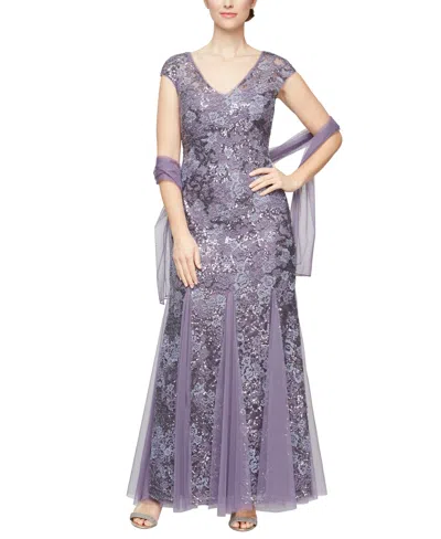 Alex Evenings Embellished-lace Embroidered Illusion Gown & Shawl In Icy Orchid