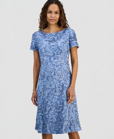 Alex Evenings Petite Sequined Lace Short-sleeve Midi Dress In Blue