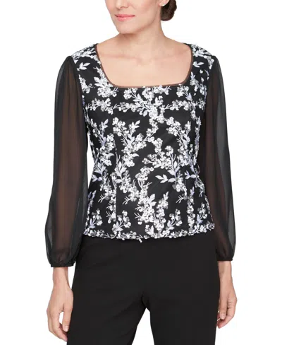 Alex Evenings Petite Sheer-3/4-sleeve Embroidered Stretch Tulle Top In Black White