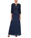 Alex Evenings Petite Soutache-bodice Gown & Jacket In Navy