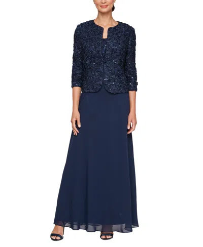 Alex Evenings Petite Soutache-bodice Gown & Jacket In Navy
