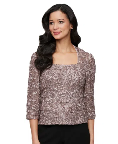 ALEX EVENINGS PETITE SQUARE-NECK 3/4-SLEEVE LACE TOP