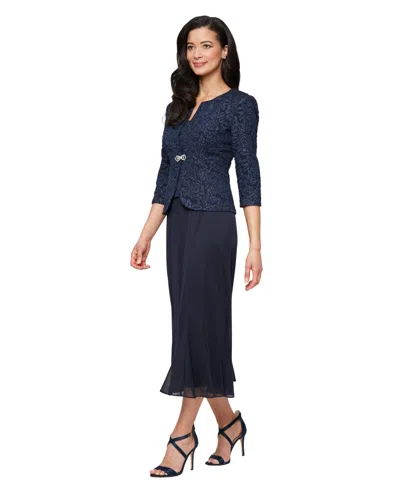 Alex Evenings Petite Square-neck Textured Midi Dress And Jacket Set In Blue