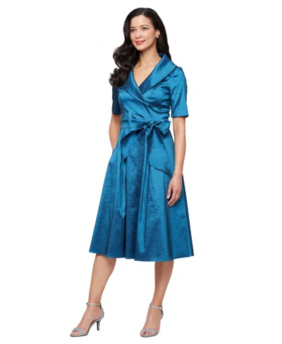 Alex Evenings Petite Stretch Taffeta V-neck Midi Dress In Deep Blue
