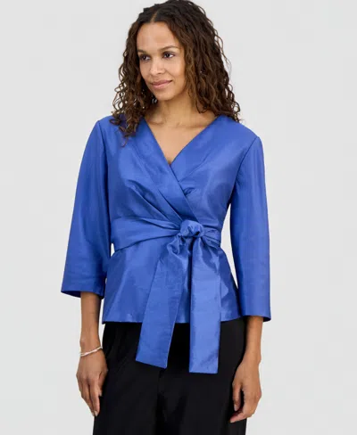 Alex Evenings Petite Tie-waist 3/4-sleeve Top In Blue