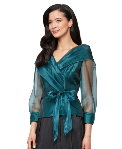 Alex Evenings Petite Tie-front Tulle Top In Emerald Green