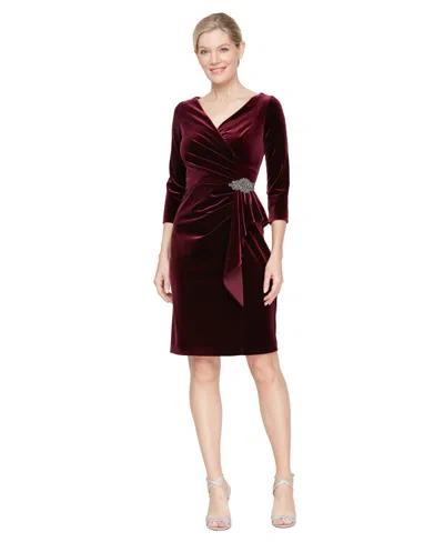 Alex Evenings Petite Velvet Rhinestone-brooch Cocktail Dress In Wine