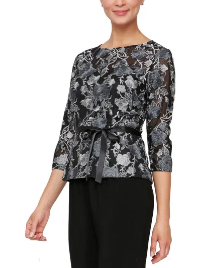 Alex Evenings Petites Womens Embroidered Belted Peplum Top In Multi