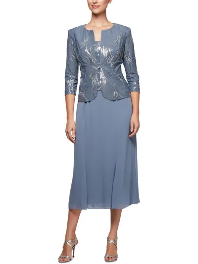 Alex Evenings Petites Womens Jacket Midi Two Piece Dress In Steel Blue