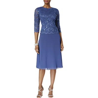 Alex Evenings Petites Womens Lace Sequined Cocktail Dress In Blue