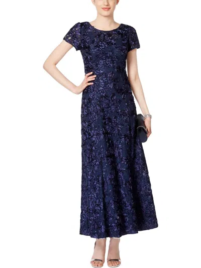 Alex Evenings Petites Womens Sequined Rosette Evening Dress In Blue