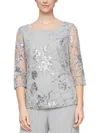 ALEX EVENINGS PETITES WOMENS SEQUINS MESH OVERLAY PULLOVER TOP