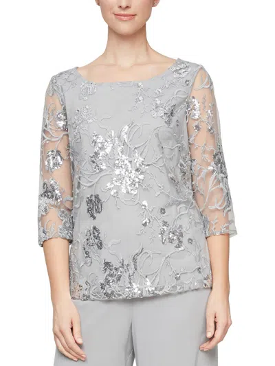 Alex Evenings Petites Womens Sequins Mesh Overlay Pullover Top In Grey