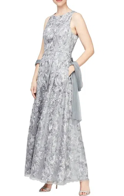 Alex Evenings Pewter A-line Embroidered Dress In Silver