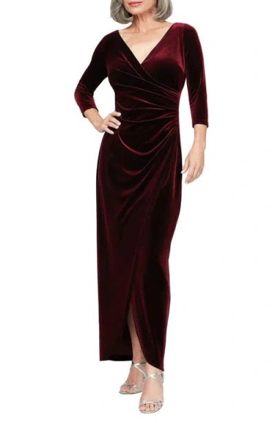 Alex Evenings Pleated Long Sleeve Velvet Gown In Burgundy