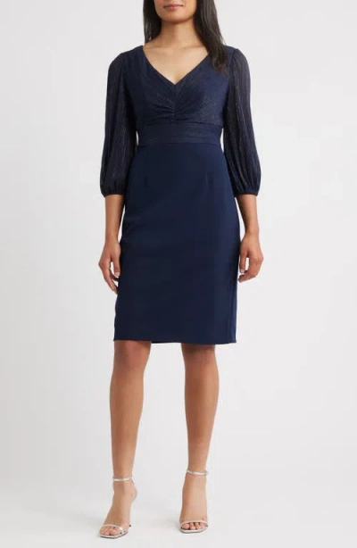 Alex Evenings Pleated Metallic Mixed Media Cocktail Sheath Dress In Blue